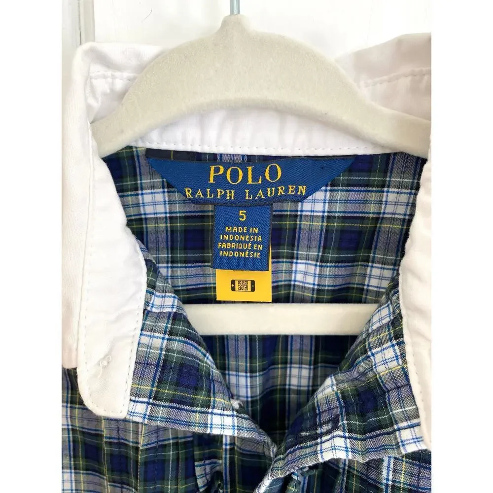 POLO Ralph Lauren Girls Navy Blue Green Plaid Stretch Poplin Shirt Button Dress